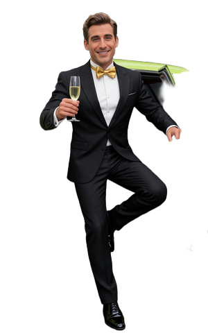BillionaireSpin Casino VIP Maskot - Milliard&auml;r im Smoking steigt aus Limousine