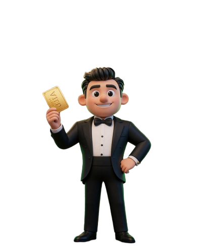 BillionaireSpin Casino VIP Maskot mit goldener VIP-Karte vor exklusivem Club-Eingang