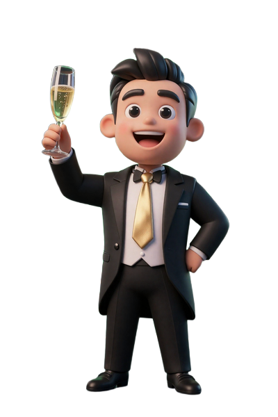 BillionaireSpin Casino Maskot im Tuxedo h&auml;lt Champagner - feiert den gro&szlig;en Casino-Bonus