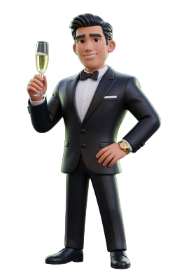 BillionaireSpin Casino Maskot mit Champagner - Feiere deinen Gewinn