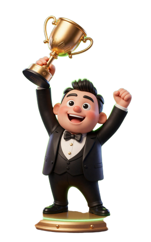 BillionaireSpin Casino Maskot h&auml;lt Siegerpokal - feiert gro&szlig;en Willkommensbonus Gewinn